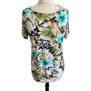 JM Collection Tropical Vibes Short Sleeve Round Neck Blouse Small
